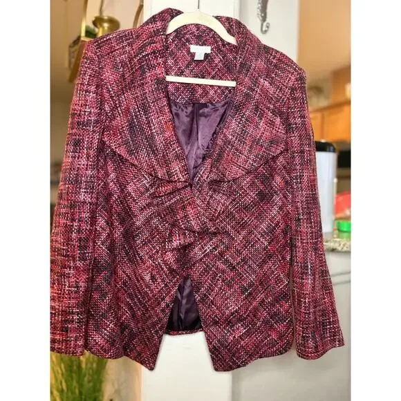 Chicos pink and red tweed ruffle detail blazer jacket size 2 US M/L 8-12 - Picture 3 of 7